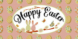 Happy Easter. Spring card with willow branches and bunnies on a horizontal pink background with Easter eggs. Vector.
