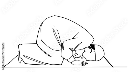 Continuous line drawing of Men prostrate and pray in the month of Ramadan