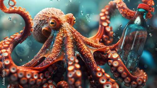 Octopus holding plastic bottle under sea a water pollution concept photo