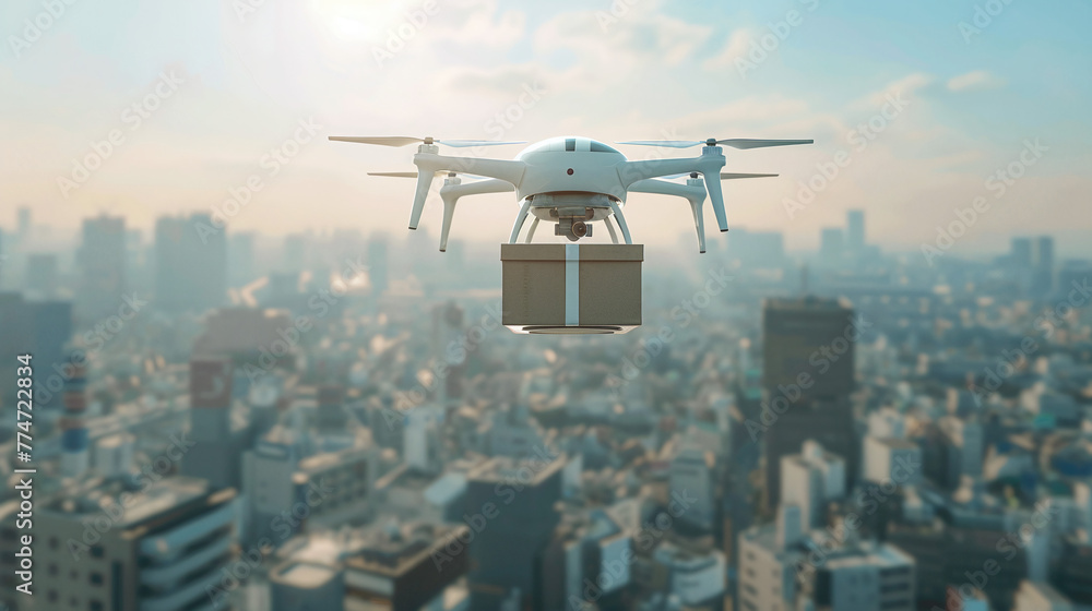 A drone with a cardboard box delivers an order. Delivery of the future A drone with a cardboard box delivers an order. Delivery of the future