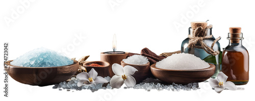 Set for spa beauty treatment in wooden  isolated on transparent background.