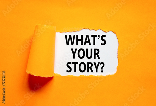 Storytelling and what is your story symbol. Concept words What is your story on beautiful white paper. Beautiful orange paper background. Business storytelling what is your story concept. Copy space. photo