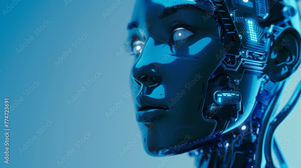 Close-Up View of a Humanoid Robots Head Against Blue Background Close-Up View of a Humanoid Robots Head Against Blue Background