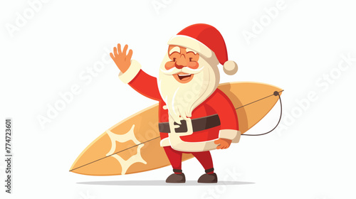 Cartoon santa claus holding a surfboard waving hand
