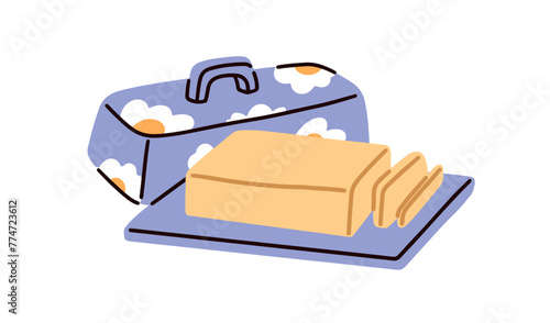 Butter bar, block on plate, dish. Fresh dairy milk product, creamy fat food with ceramic lid, cover. Breakfast ingredient, cut slices. Flat vector illustration isolated on white background
