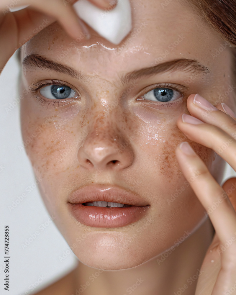 A woman is applying tonic with cotton to her face while doing skincare. she has smooth skin. She has light brown hair and blue eyes. This woman’s portrait has been taken. Her face is smooth, and she p A woman is applying tonic with cotton to her face while doing skincare. she has smooth skin. She has light brown hair and blue eyes. This woman’s portrait has been taken. Her face is smooth, and she p