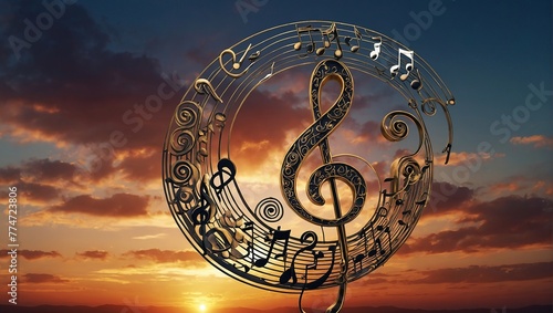reble clef and swirly staff with musical notes against sunset sky, banner design photo