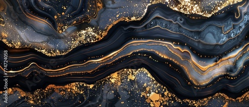 This is a digital marbling illustration of an abstract black agate background with golden veins, a fake painted artificial stone background, a marble texture, a luxurious marbled surface, and a