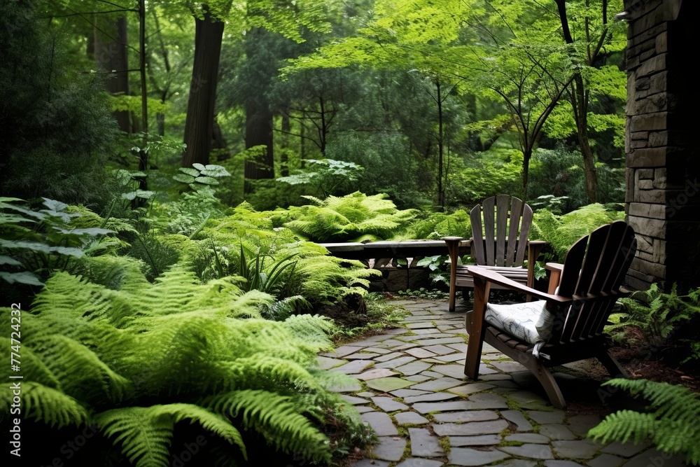 Secluded Forest Garden Patio: Ferns, Hidden Benches, Peaceful Secret Spot