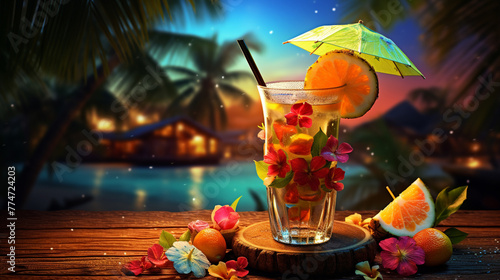 A high-resolution HDR clipart of a fancy cocktail drink, with fruit garnishes and a colorful umbrella, set against a tropical, festive backdrop. photo