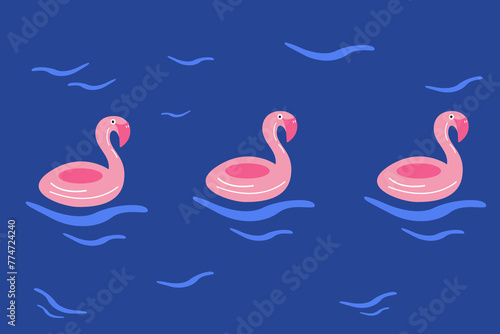 Vector flat illustration, summer pool with flamingos, pink flamingo in water. Cartoon vector illustration