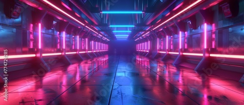 Wide panorama with ultraviolet glowing lines. 3D render with abstract geometric neon background.