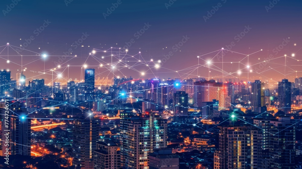 Modern Cityscape With Interconnected Lines and Dots Modern Cityscape With Interconnected Lines and Dots