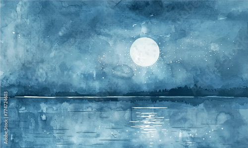 watercolor background illustration moon over the lake