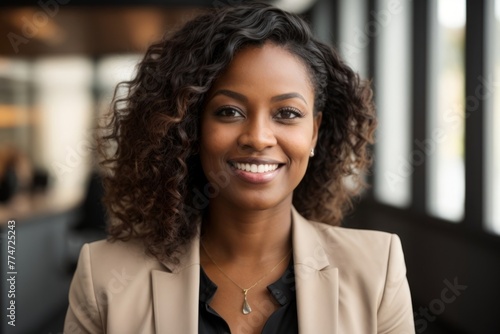 A woman with curly hair is smiling and wearing a suit