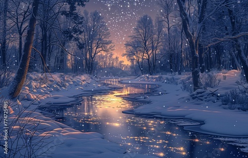Snowy Nighttime Walk Along the River Generative AI © Bipul Kumar