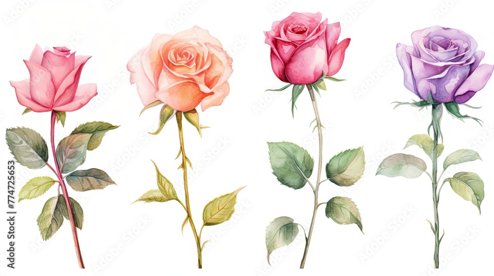 Pink Rose flower set of blooming plant hand drawn watercolor illustration on white background.