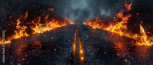 The flames of a wet long road are blazing against an abstract black background, in three dimensions