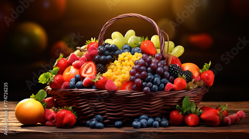 A high dynamic range clipart of a colorful fruit basket  with a variety of shiny  ripe fruits  showcasing a blend of textures and vivid colors.