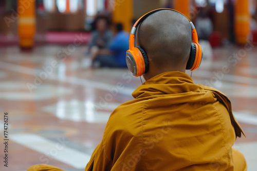 A Buddhist monk in traditional orange robes sits absorbed in music, wearing modern orange headphones, contrasting ancient tradition with contemporary life against a temple's vibrant tiled floor © Andrey Tarakanov