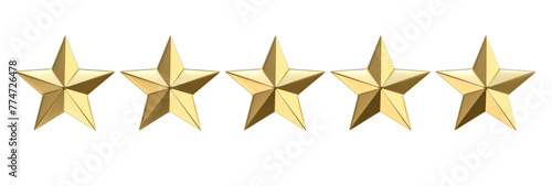 5 gold metal stars isolated on white.