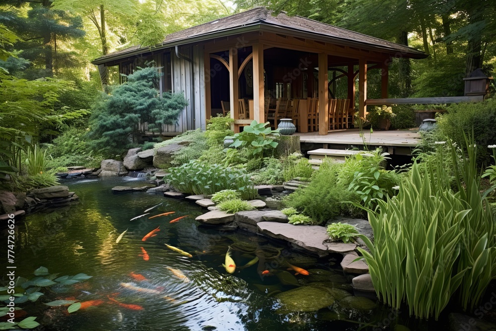 Fototapeta premium Privacy Haven: Serene Koi Pond Garden Patio Inspirations with Secluded Screens