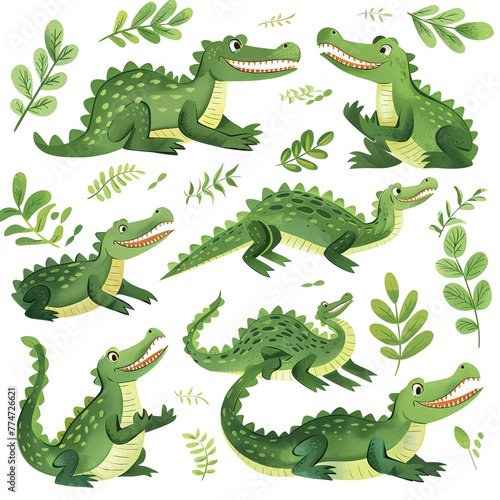 Color childish illustration with crocodiles on white background, cartoon illustration generated with AI. © Vita