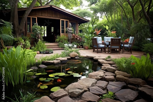 Solar-Powered Koi Pond Eco-Friendly Patio Oasis: Serene Circulation Inspiration