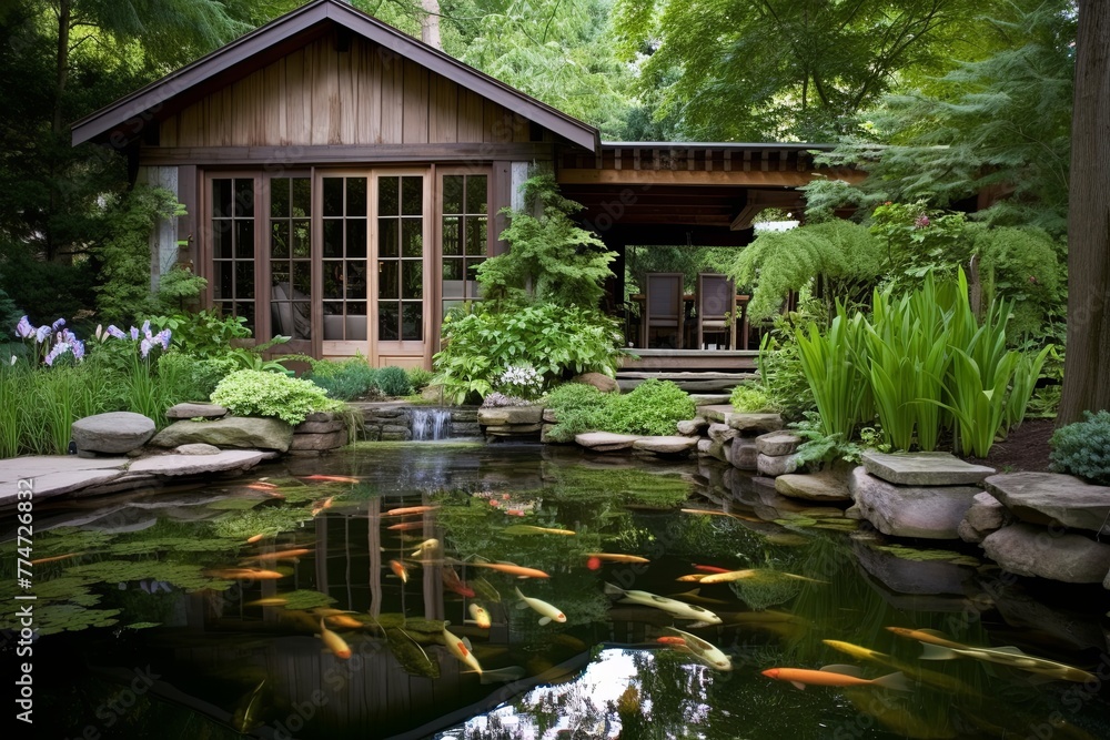 Weathered Wood Accents: Rustic Charm Koi Pond Garden Patio - Serene Inspirations Weathered Wood Accents: Rustic Charm Koi Pond Garden Patio - Serene Inspirations