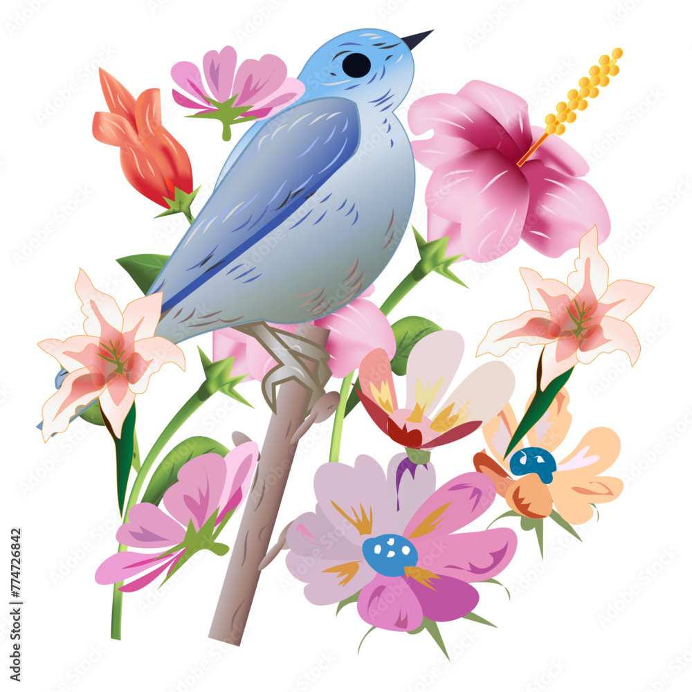 Bird and Spring Flowers Vector Illustration
