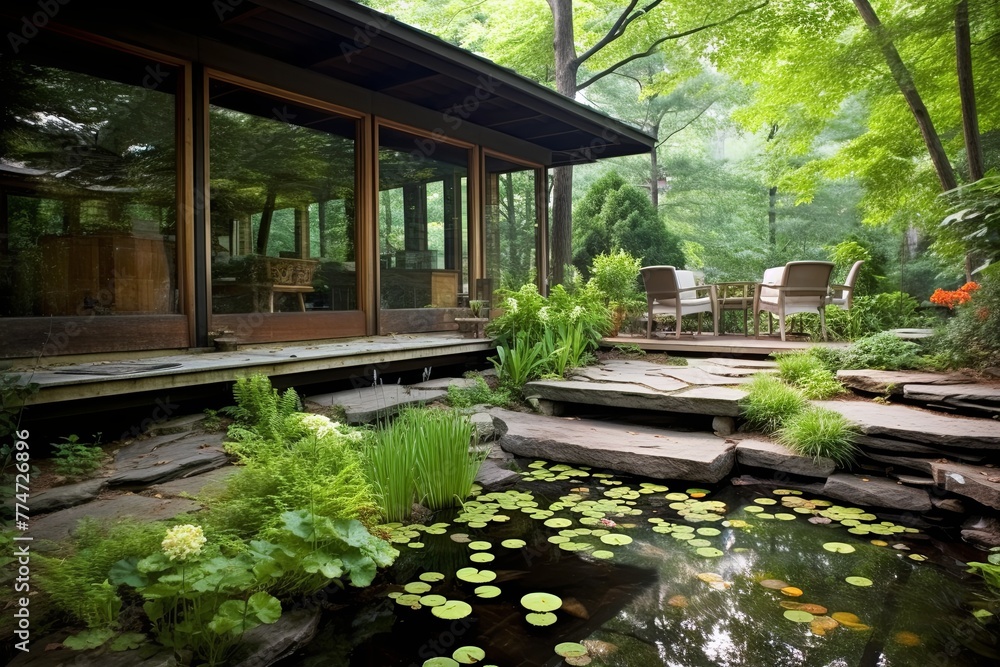 Tranquil Reflections: Serene Koi Pond Patio - Zen-style Landscaping & Peaceful Ambiance