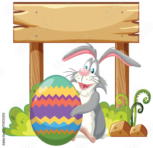 Cartoon rabbit holding a large decorated egg