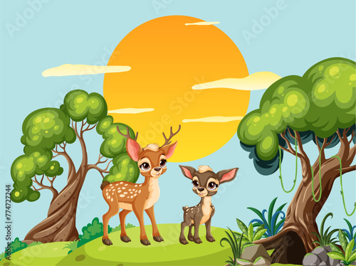 Two deer in a vibrant forest at sunset