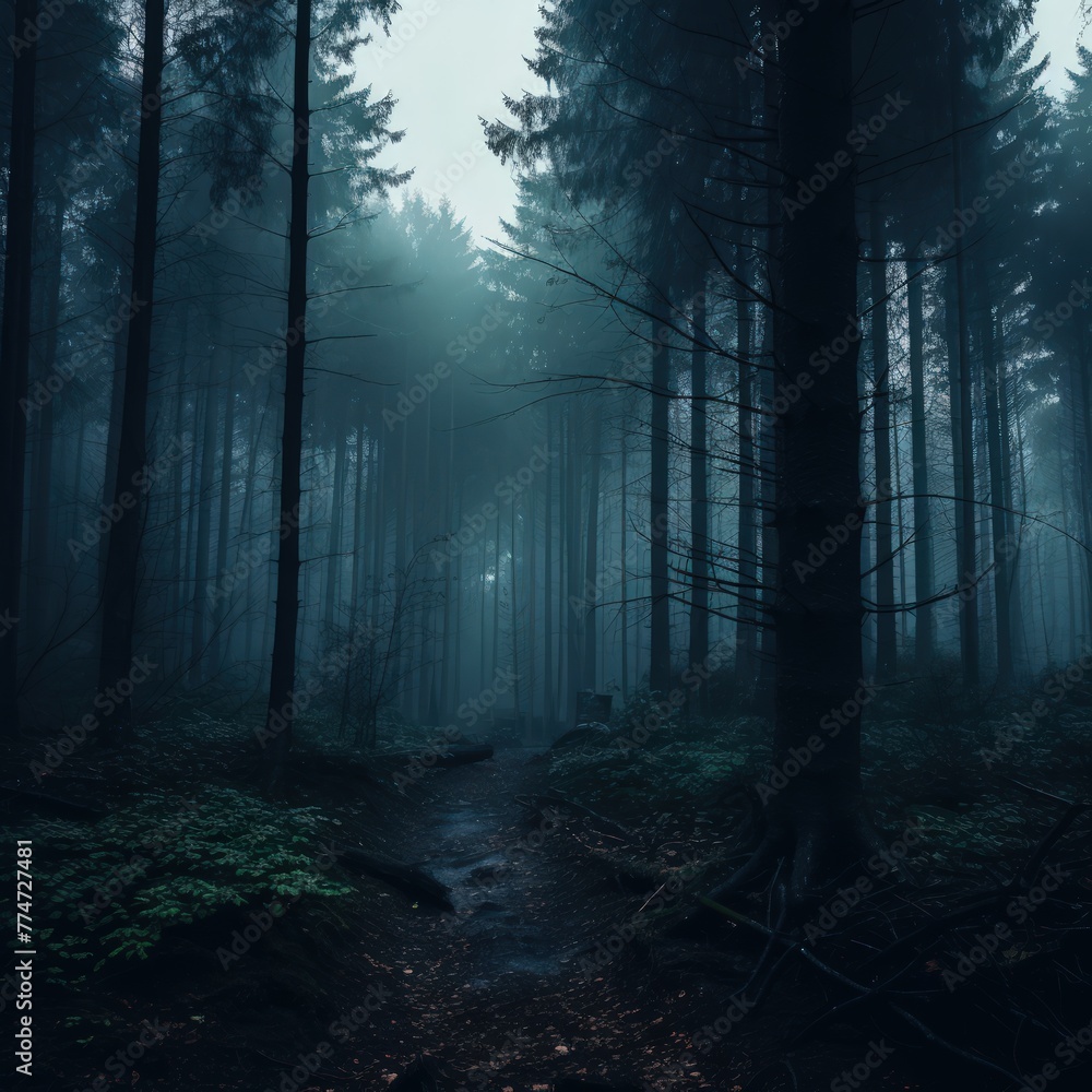 Dark forest with fog and beautiful colors
