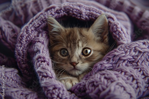 Cute Kitten Snuggled in a Purple Blanket on a Cold Winter's Night Generative AI