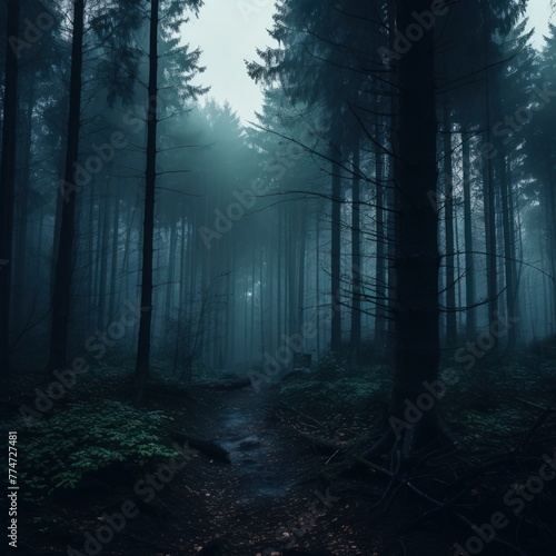 Dark forest with fog and beautiful colors