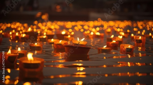 Many oil lamps, Diya, floating on the river to celebrate the Diwali festival. © crazyass