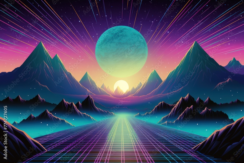 A colorful, futuristic landscape with a large, glowing sun in the center