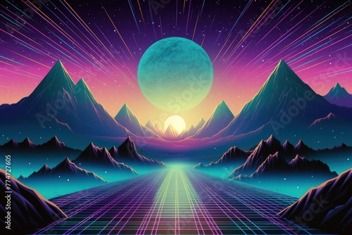 A colorful, futuristic landscape with a large, glowing sun in the center