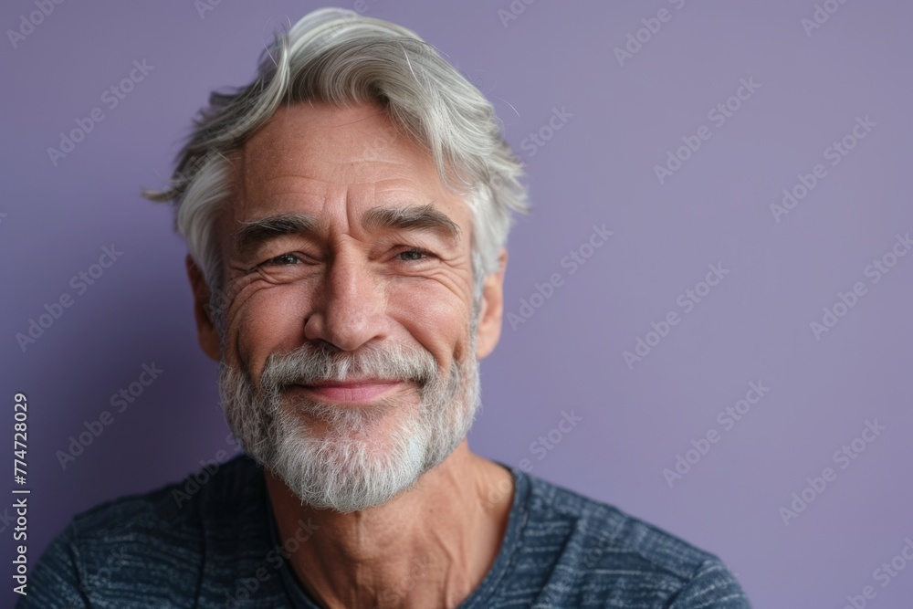 Portrait of senior man with grey hair and beard on violet background Portrait of senior man with grey hair and beard on violet background