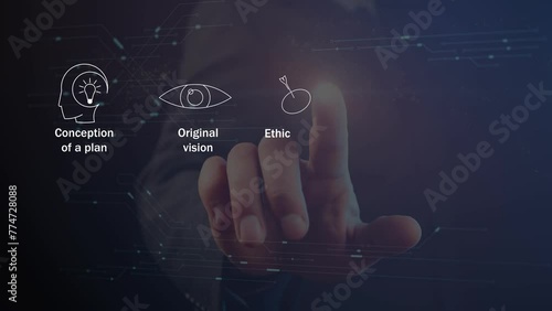 Graphic symbols and inscriptions characterizing the path map of a business process against the background of a world map with AI electrons and a person pointing with a light point on his finger. Cg photo