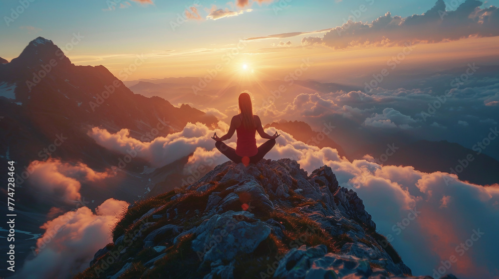 Woman in yoga pose sitting on rock, mountain