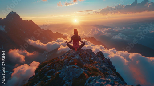 Woman in yoga pose sitting on rock, mountain