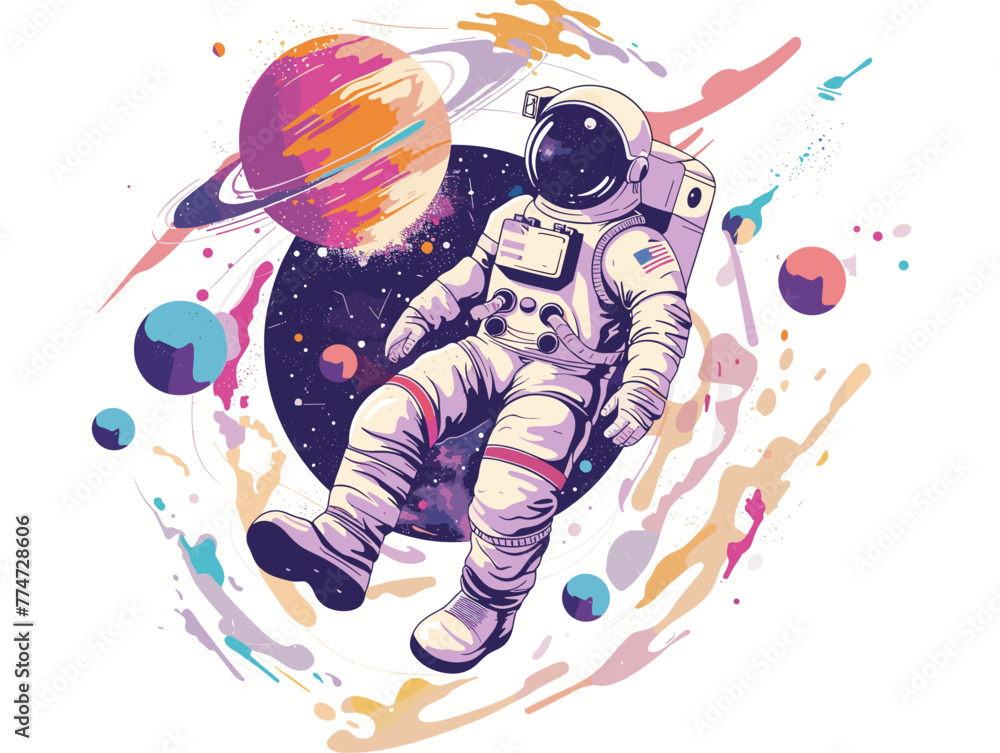 white background, Astronaut exploring outer space, in the style of very simple and colorful flat illustrations, full body, text-based