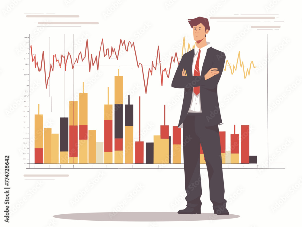 white background, Businessman investing in stocks, in the style of very simple and colorful flat illustrations, full body, text-based white background, Businessman investing in stocks, in the style of very simple and colorful flat illustrations, full body, text-based