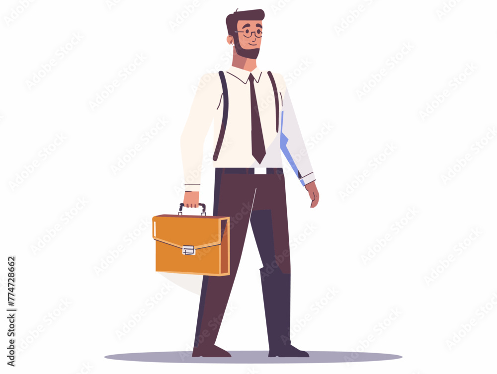 white background, Businessman with a briefcase full of ancient coins, in the style of very simple and colorful flat illustrations, full body, text-based