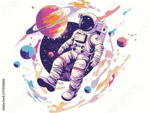 white background, Astronaut exploring outer space, in the style of very simple and colorful flat illustrations, full body, text-based