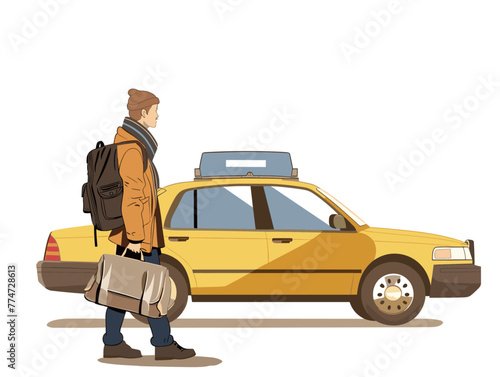 white background, Hailing a taxi at the airport, in the style of animated illustrations, full body, only one man, text-based