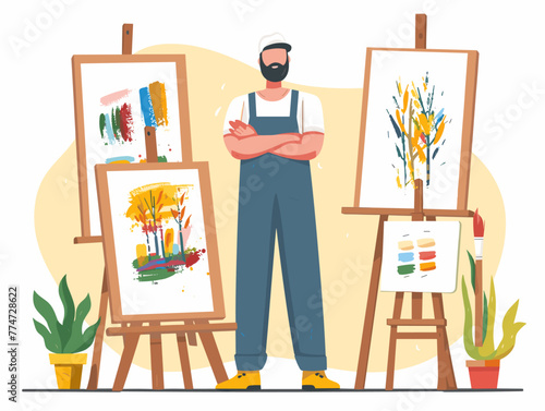 white background, Art studio with paintbrushes and canvases, in the style of very simple and colorful flat illustrations, full body, text-based