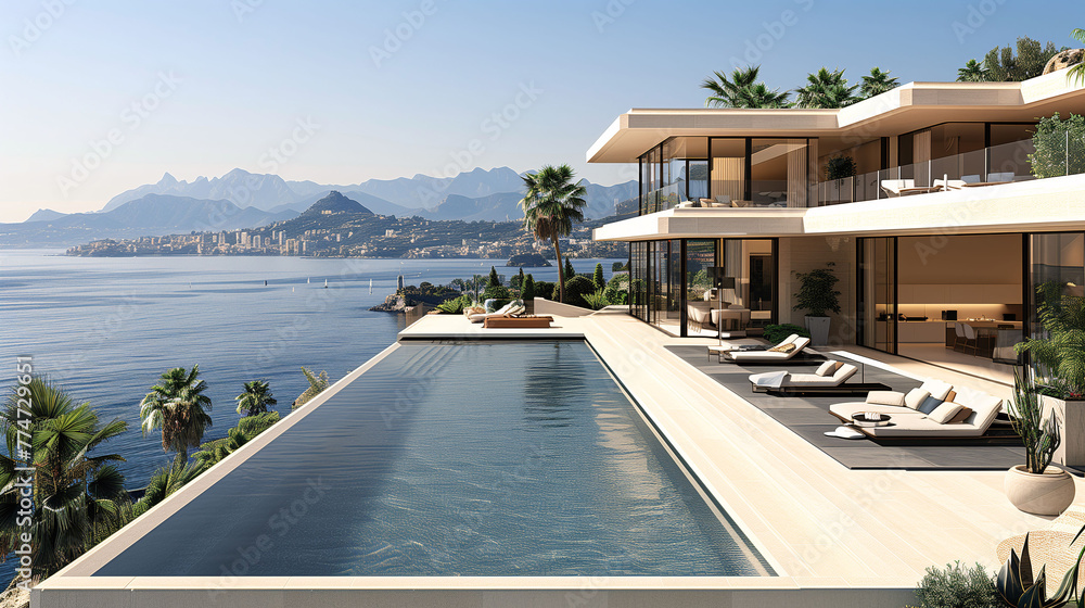 Luxury villa with infinity pool overlooking a scenic coastline, modern architecture, and outdoor lounging area.